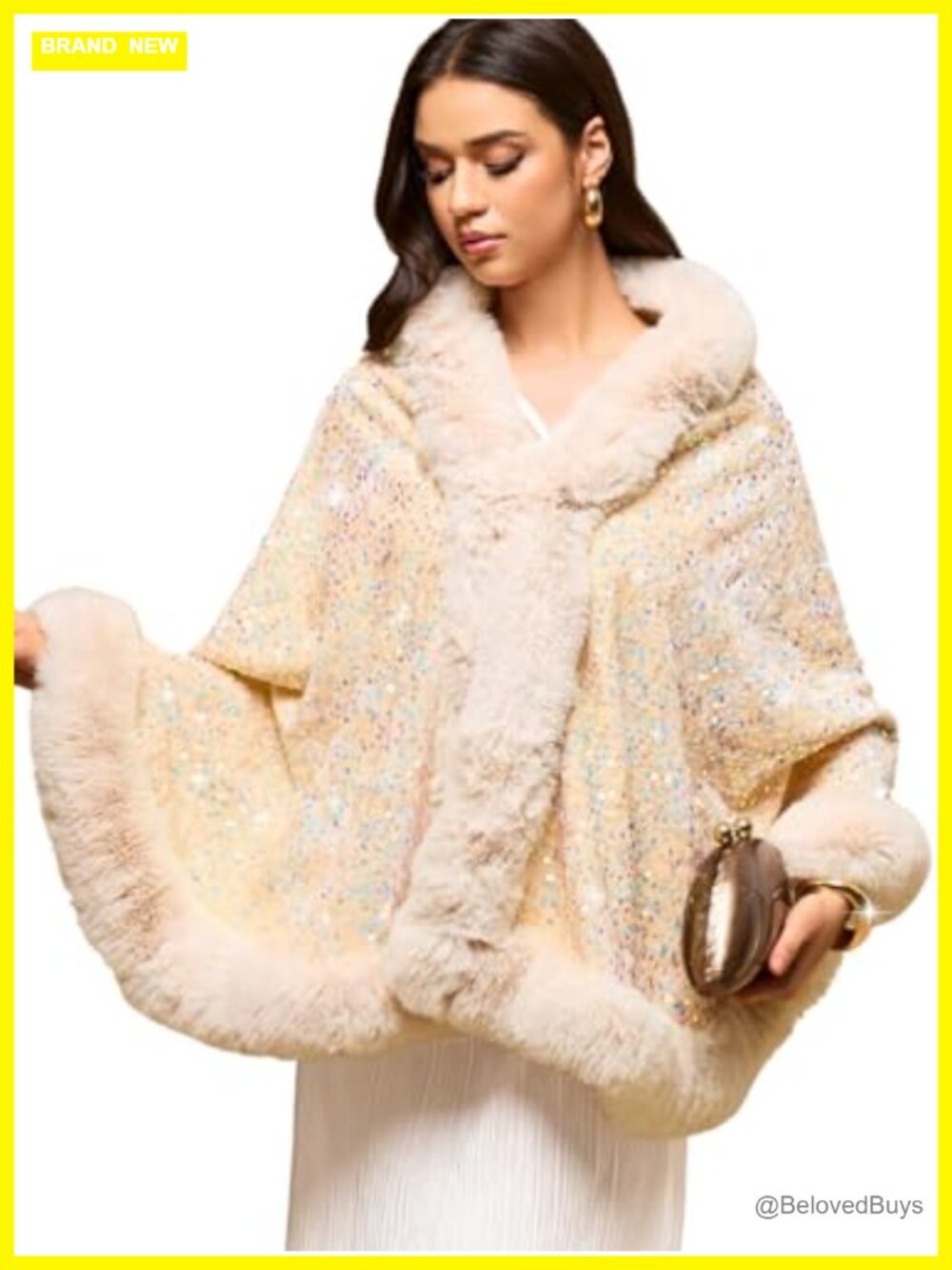 Sequin Faux Fur Shawl Wrap Winter Bridal Wedding Evening Party Cape